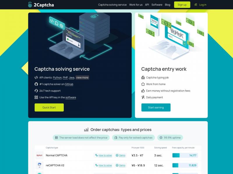 【2Captcha】Captcha解决服务，reCAPTCHA识别和绕过，快速自动反Captcha<b>※</b>2024年11月11日网站截图