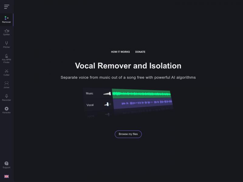 【Vocalremover】AI智能技术识别并分离音频的人声和伴<b>※</b>2024年06月25日网站截图