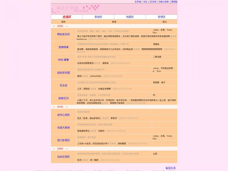 【晋江文学论坛】晋江文学城-网友交流区-交流区<b>※</b>2024年10月22日网站截图